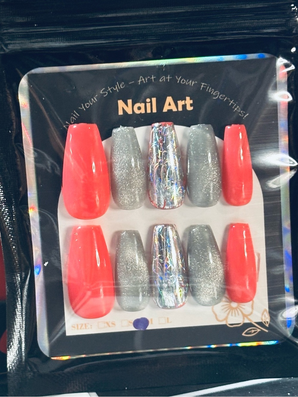 Nail Art Press-On Set — Coral & Silver Holographic Accent Nails
